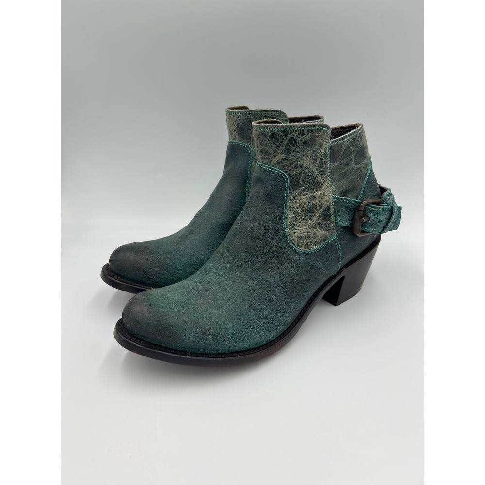 JB Dillon Teal Distressed Suede Leather Ankle Boots Buckle Western Womens 6.5